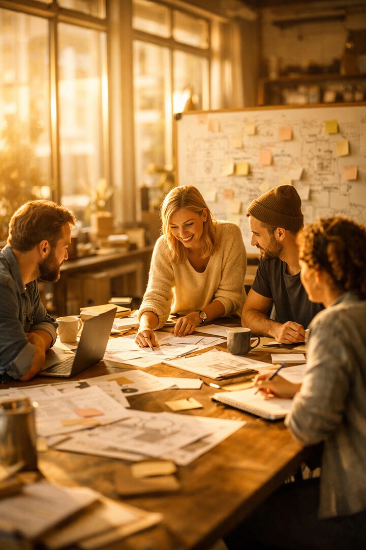 Creators collaborating in a warm, sunlit workshop space